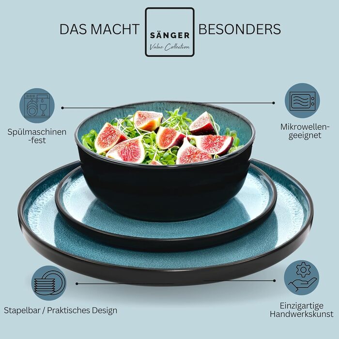 Набір посуду SÄNGER Vigo (18 предметів) | Керамічний набір посуду на 6 осіб | Тарілки, миски, десертні тарілки | Bluе з чорним бордюром, стійкий до подряпин