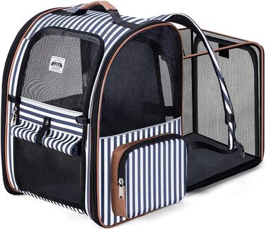 Рюкзак для кота Lekebobor, розширюваний, переноска для тварин, для маленьких собак та середніх котів до 8 кг, складний, для подорожей та походів, блакитний в смужку, 12.6'L x 11.2'W x 16.5'H - L