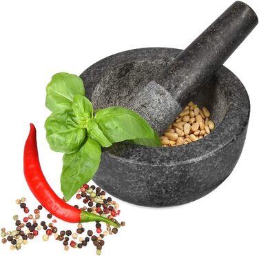 Navaris Granite Mortar and Pestle Set - Large Stone Mortar & Pestle for Spices, Pesto, Herbs - Includes Stamper with Mallet - Ø 16cm
