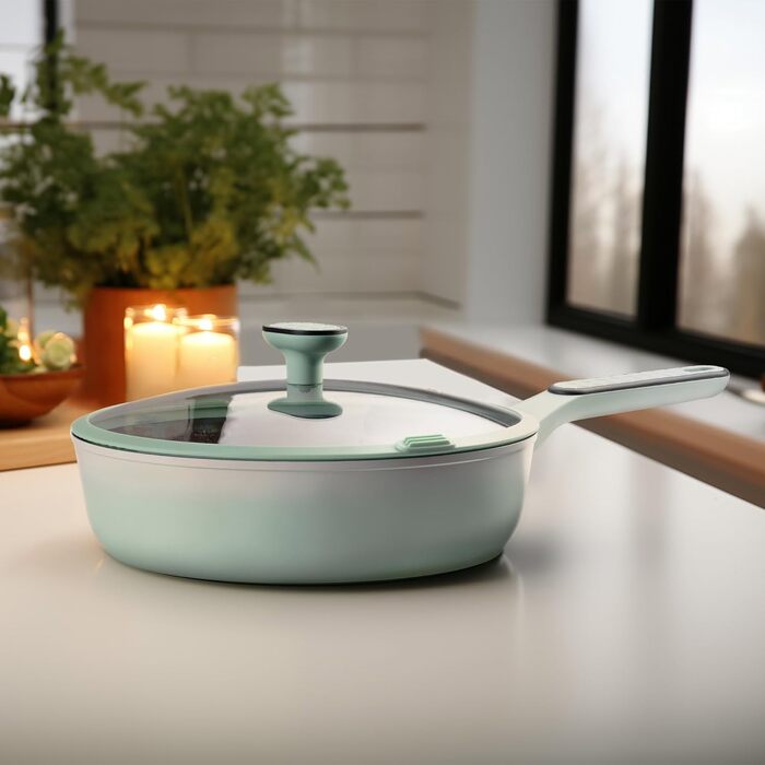 Сковорода STONELINE Schmorpfanne антипригарна з високими бортиками, 28 см, м'ятна. З кришкою, для індукції, з кам'яним покриттям