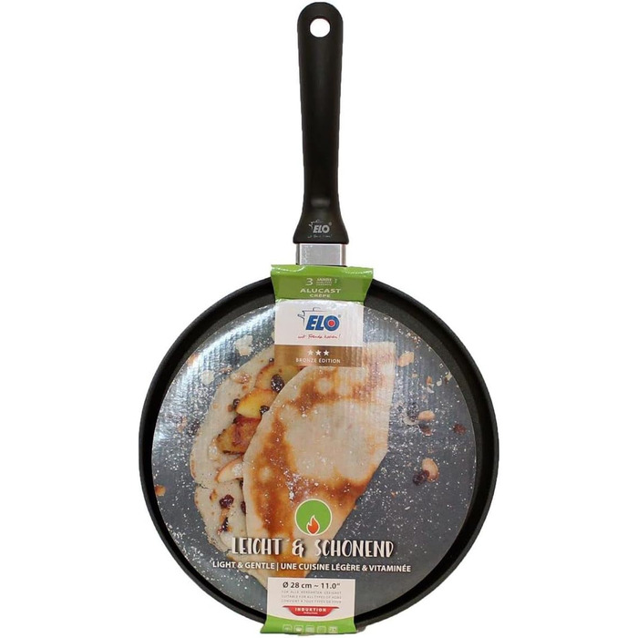 ELO Crepe Pan, 28 cm, ALUCAST - Frying pan made of energy-saving die-cast aluminum with non-stick coating, suitable for ceramic, gas, electric, and induction cooktops - dishwasher safe, Color: Black 28CM ALT Crepes Pan