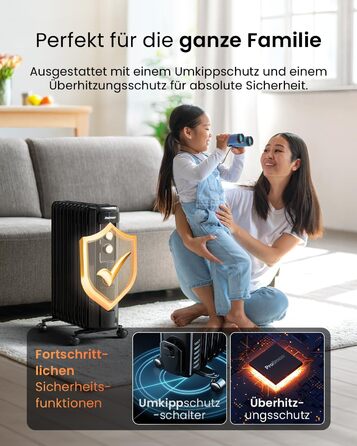 Pro Breeze 2500W Mini Oil Radiator with 11 Fins, Electric Heater, 24h Timer, Energy-Saving Oil Radiator, 3 Heating Levels, Adjustable Thermostat & Safety Shut-off Function - Black