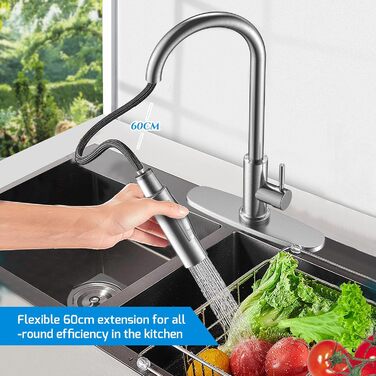 Змішувач кухонний поворотний 360° з висувною лійкою, нержавіюча сталь, гаряча/холодна вода, 2 режими струменя, G3/8'', кухонний