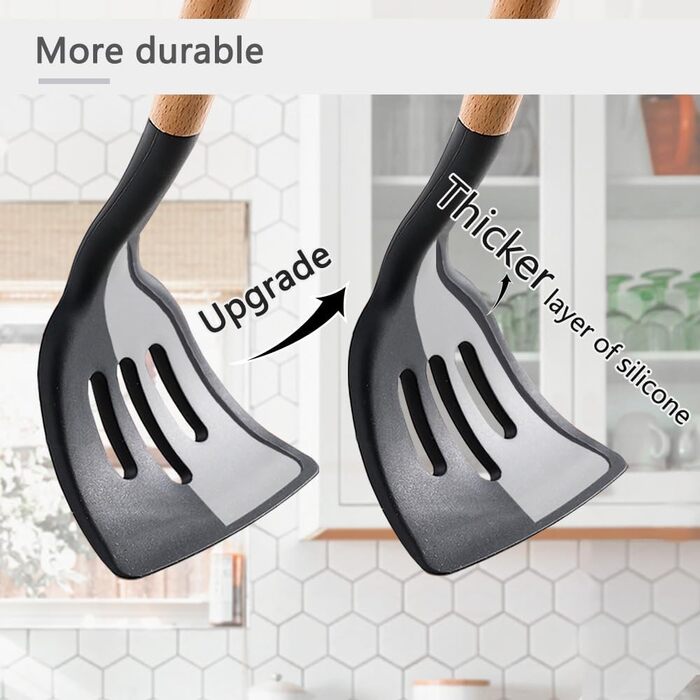 Набір кухонних аксесуарів 12 шт. з силікону з дерев'яними ручками, термостійкий антипригарний набір посуду: щипці, лопатки, ложки. Бежевий колір