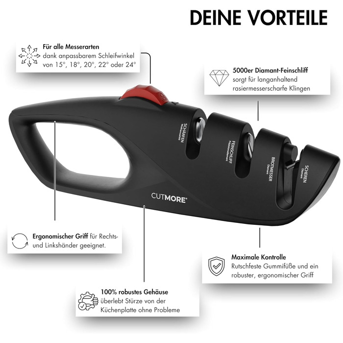 CUTMORE® Точилка для ножів Diamant - Оригінальна 5-в-1 для хлібних ножів, ножиць та ножів – професійний прецизійний кут – неслизька, проста, ефективна – відома у спільноті Hobbykoch (ProSharp)