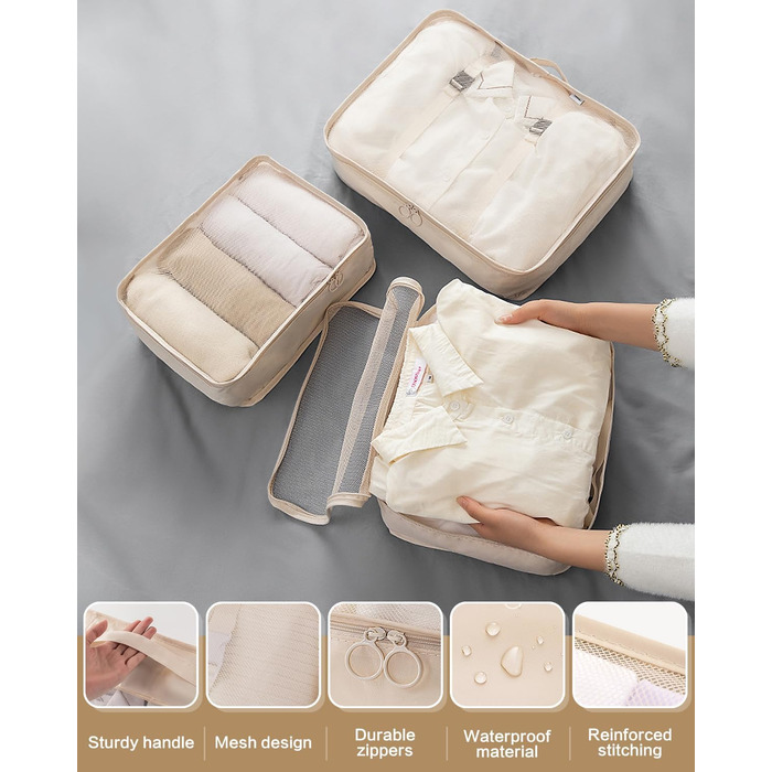 Набір органайзерів для валізи 18 шт., водонепроникні Packing Cubes, бежевий. Організатори для подорожей з чохлами для одягу