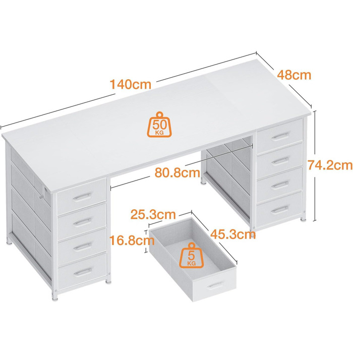 Комп'ютерний стіл Coleshome з 8 висувними ящиками з тканини, 140x48 см, білий. Зберігання, для офісу, дому, ігровий стіл.