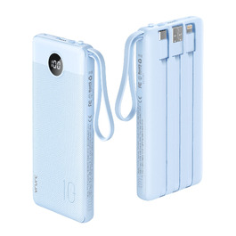 Повербанк VRURC 10000 mAh з 4 вбудованими кабелями, тонкий портативний зовнішній акумулятор, світло-блакитний