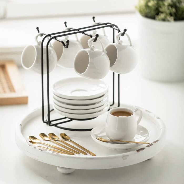 Набір кавових чашок для еспресо LYEOBOH (6 шт.) з підставками та ложками, 85 мл, кераміка, білий