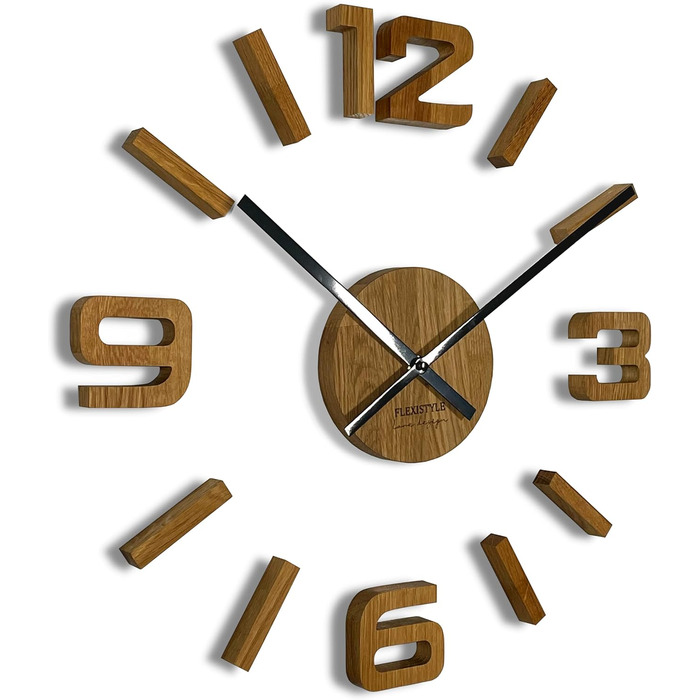 FLEXISTYLE 3D Wall Clocks DIY Oak Wood Large 50-75CM (Thickness 19MM!) for Office, Living Room, Bedroom Decoration (Black Hands, Wood), z54g eco75 d-1-x