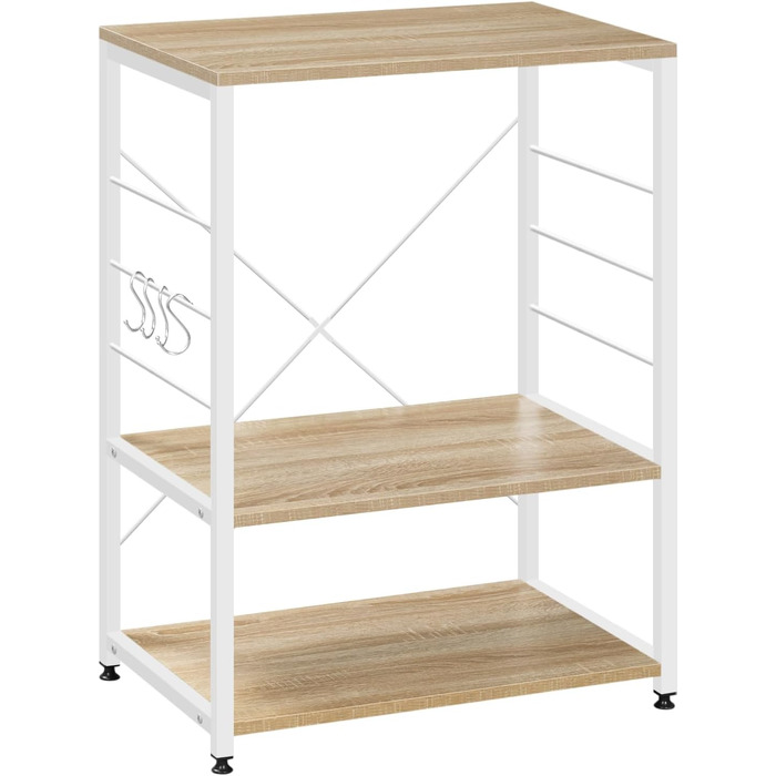 WOLTU Kitchen Shelf, Freestanding Shelf, Microwave Holder, Baker's Rack, Metal Shelf with Wood and Steel, with 3 Shelves, approx. 60 x 40 x 82 cm, White + Light Oak
