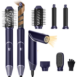 UKLISS 6-в-1 Аirstyler: Фен-щітка, Дифузор, Локон-щітка, Горячий повітря, Іонізація 60,000 U/min, Золотий (Синій)