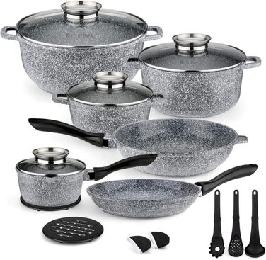 Набір каструль та сковорідок EliteHoff Induktion, 17 предметів, з антипригарним покриттям, для всіх типів плит, нержавіюча сталь, сірий, E-7031