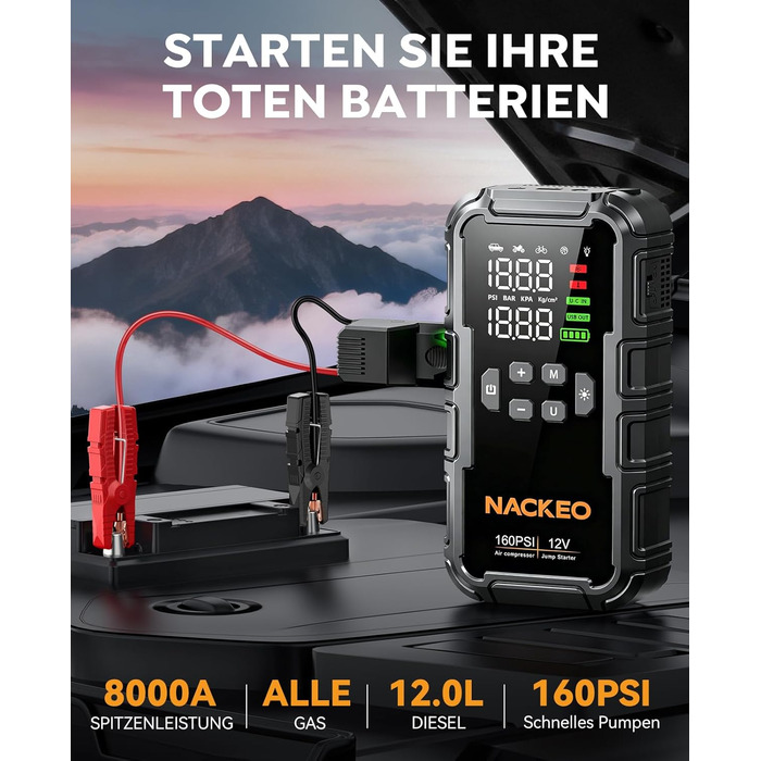 Powerbank для автомобіля з компресором 160PSI та пусковим струмом 12V (бензин/до 12L дизель) з LED-ліхтарем та LCD-дисплеєм