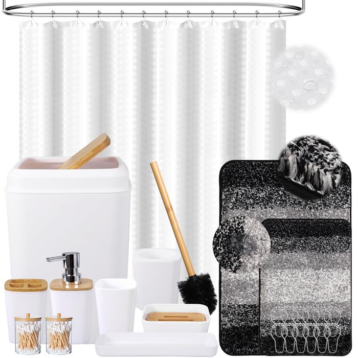 Набір аксесуарів для ванної кімнати, 9 предметів: сміттєвий бак, тримач для зубних щіток, стакан для зубних щіток, дозатор для лосьйону/мила, тумбочка під раковину, мильниця, щітка для унітазу, тримач для ватних паличок, (Білий, Комплект для ванни + штора