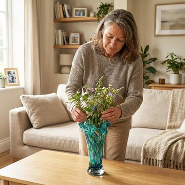 Скляна ваза для квітів, ручної роботи, зелена, для дому та декору, 22.9 см, відтінок блакитно-зелений 