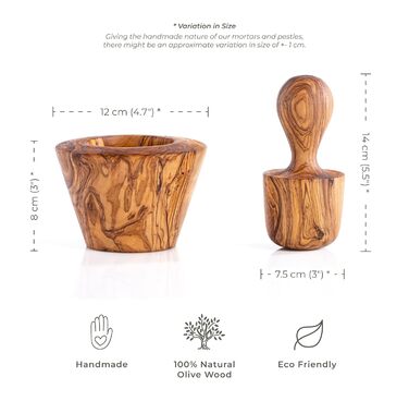 Olive Wood Mortar Set - Ø 12 cm, H 11 cm - Handmade, Ergonomic, Vintage, Eco-Friendly & Durable, Multifunctional, Decorative, Gift Idea (TH)