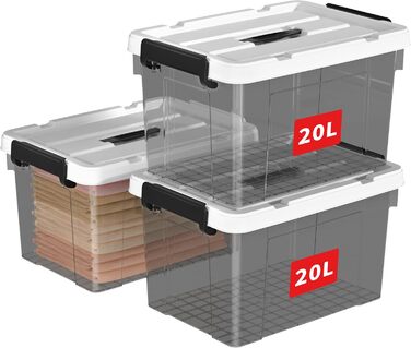 Plastic Storage Box, Tote Box, Organizing Container with Durable Lid and Secure Latching Buckles, Stackable and Nestable, 4-Pack, Transparent Black with Black Buckle (20L x 3)