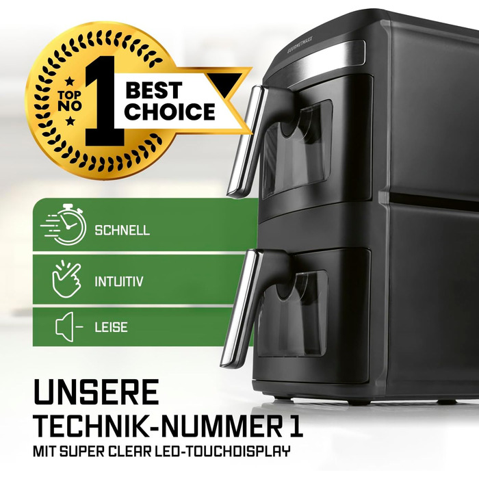 Фритюрниця повітряна Gourmetmaxx AirGenius 9 л (2 x 4,5 л) з 8 програмами | 2 камери для приготування 2 страв одночасно | Сенсорний дисплей | Для 8 осіб