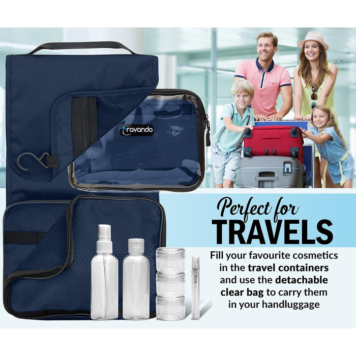 Чоловіча дорожня косметичка TRAVANDO з петлею, прозора, велика, для подорожей, вміщує рідини, морського кольору