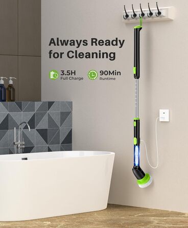 Електрична щітка для прибирання LyriFine, водонепроникна IPX7, з довгим руків'ям, 2 швидкості, змінна насадка, для ванної кімнати, білий (світло-зелений)