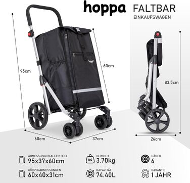 Hoppa – Розкладний візок для покупок | Великий 74L | Легкий візок на 6 колесах з 5 кишенями | Міцний та водонепроникний | Ідеальний для щоденного використання