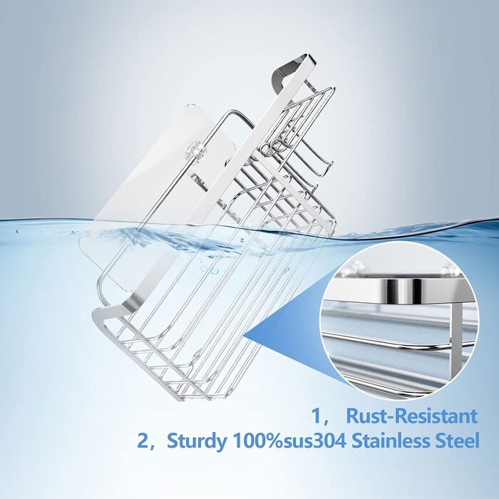 Двосекційна самоклеюча поличка для душу з нержавіючої сталі, органайзер для шампуню та кондиціонера, сріблястого кольору