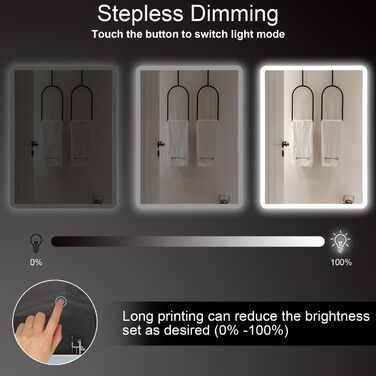 Дзеркало для ванної кімнати з підсвіткою 100x60 см, сенсорне керування, IP65, 3 кольори, функція пам'яті, HD скло, горизонтальне/вертикальне встановлення