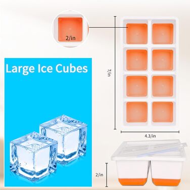 Форма для льоду JRISBO (2 шт) з кришкою, великі кубики льоду, силікон, BPA-free, LFGB-сертифікована, оранжева