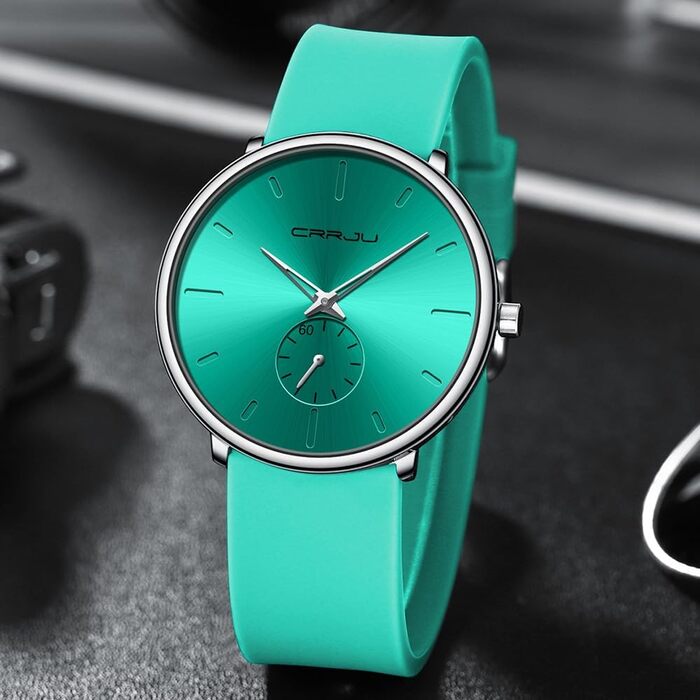 Годинник чоловічий CRRJU з силіконовим ремінцем, ультратонкий, водонепроникний, мінімалістичний, спортивний, кварцовий, світло-зелений