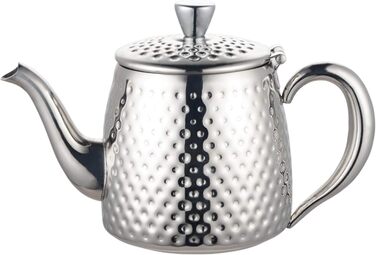 Café Olé Sandringham Teapot with Hammered Finish made from high-quality 18/10 stainless steel and surface – 0.5L, drip-free pouring, hollow handles (18oz, high-gloss polish)