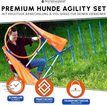 Набір для аджиліті для собак середнього розміру PfotenWunder®: 6 шлагбаумів, тунель, для тренувань, спорту та ігор. Підходить для малих та великих собак.