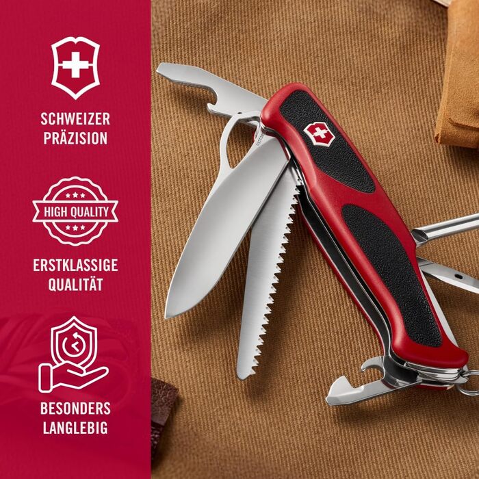 Швейцарський ніж Victorinox Ranger 78 M: мультитул з 12 функціями, фіксатор леза, відкривачка для пляшок, червоно-чорний
