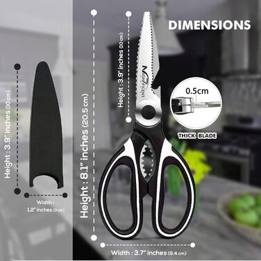 Кухонні ножиці з нержавіючої сталі з захисною кришкою та ергономічною м'якою ручкою, багатофункціональні ножиці для птиці, м'яса, трав та овочів (Білі)