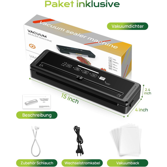 Вакуумний пакувальник 5-в-1 для продуктів харчування: сухий/вологий режим, зберігає свіжість до 7 разів довше, 70 кПа, вбудований різак, шланг, 10 пакетів
