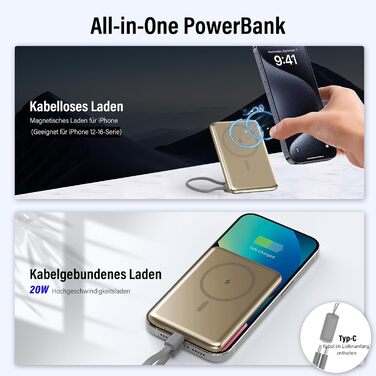 Power Bank MagSafe 5000mAh 20W PD з бездротовою зарядкою, USB-C, для iPhone 16/15/14/13/12 (Золотий)