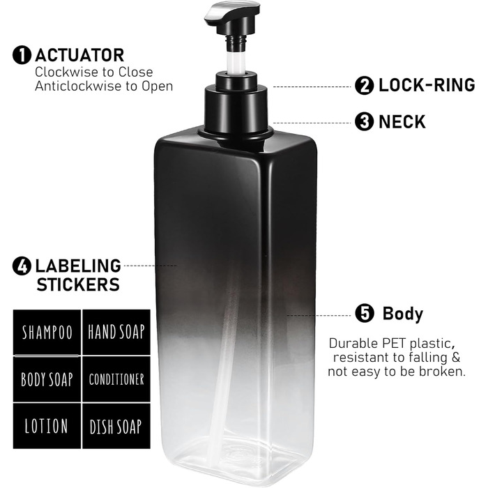 4 флакони для шампуню, мила та гелю для душу, 500 мл, з дозатором, наклейки, градієнт чорного кольору