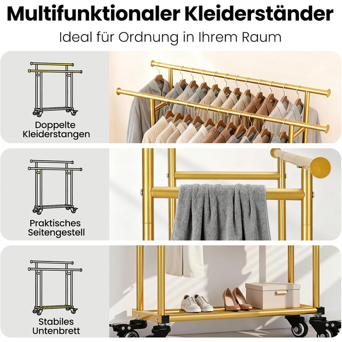 Стійка для одягу Sour Lemon на коліщатках, 95 кг, з подвійними перекладинами та полицею, золото (113x41x162 см)