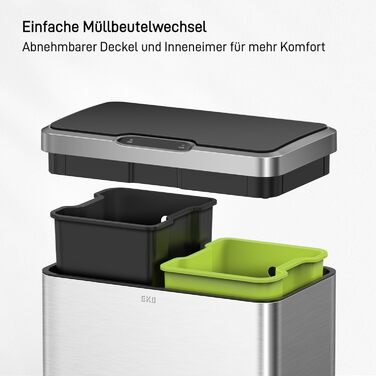 Сортувальний контейнер для сміття EKO Mirage Plus 60л, нержавіюча сталь: 2x15л + 30л, сенсорний, 3 внутрішні відра, автоматичний відро для кухні
