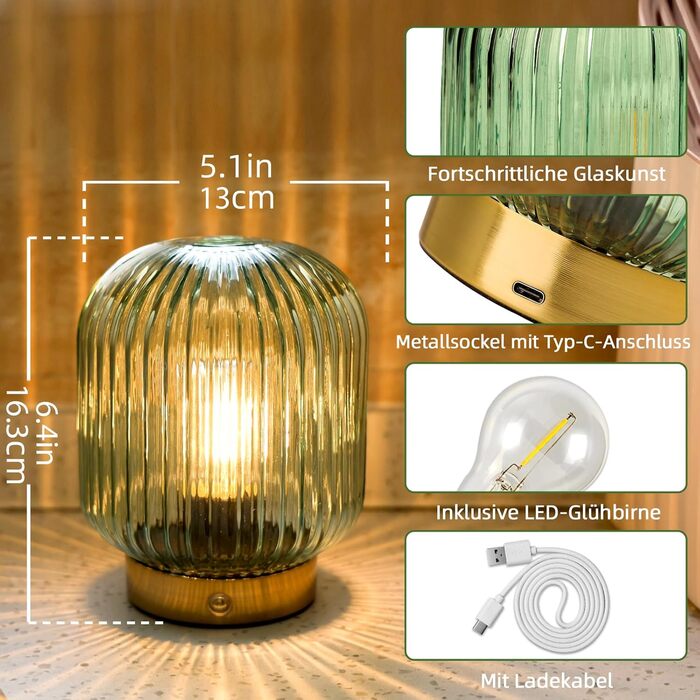 LED настільна лампа MJ PREMIER: акумуляторна, з сенсорним керуванням, регулювання яскравості, скло, USB зарядка, аварійна, зелена