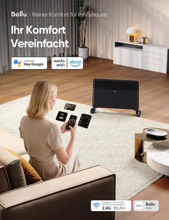 Конвектор електричний Ballu з Wi-Fi керуванням, 1500 Вт, настінний та підлоговий монтаж, чорний