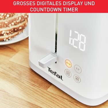 Tefal TT6931 Sense Toaster | 7 Browning Levels | Digital Display | Countdown Timer | Reheat/Defrost | Crumb Tray | Stop Button | White Single