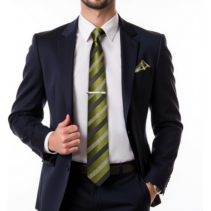 Набір краваток, нагрудних хустинок, запонок та затискачів для краватки DiBanGu для чоловіків. Оливково-чорний колір, смугастий, для весілля, бізнесу та офіційних заходів.