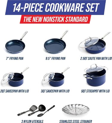 Набір посуду Blue Diamond CC001951-001 з керамічним антипригарним покриттям без PFAS, алюміній та нержавіюча сталь, синій, 14 предметів