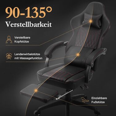 Ігровий крісло Dowinx з підголівником та масажем попереку, ергономічний геймерський крісло з підніжкою, офісне крісло з PU шкірою, чорний