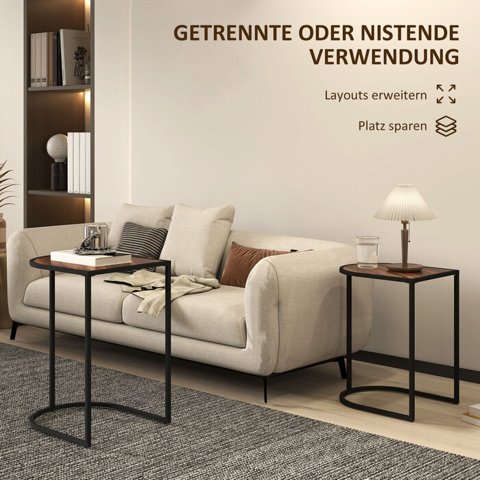 HOMCOM 2-Piece Couch Table Set, Square Side Table, Coffee Table with Steel Frame, Stackable Sofa Table, for Living Room, Holds up to 20 kg, Brown+Black | Aosom