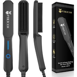 VIKICON Men's Beard Straightener Brush - Mini Pro Hair Straightener with Negative Ions, 3-Temp Settings, Portable & Fast for Beard & Hair Styling - Black