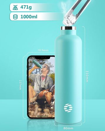 Фляга спортивна Feijian 1L з карабіном - не протікає, з нержавіючої сталі, для води, кави, чаю, без BPA, зелена