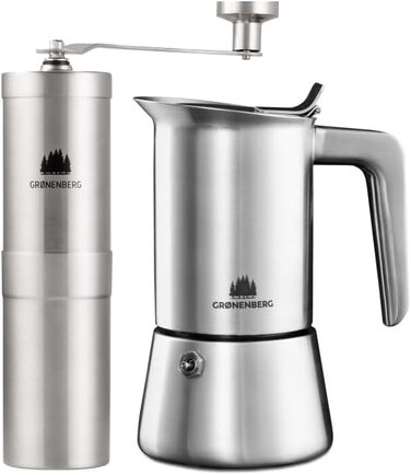 Groenenberg Spar Set 2: Manual Coffee Grinder + Induction Moka Pot (4 or 6 Cup) | Moka Pot and Coffee Grinder made of high-quality stainless steel