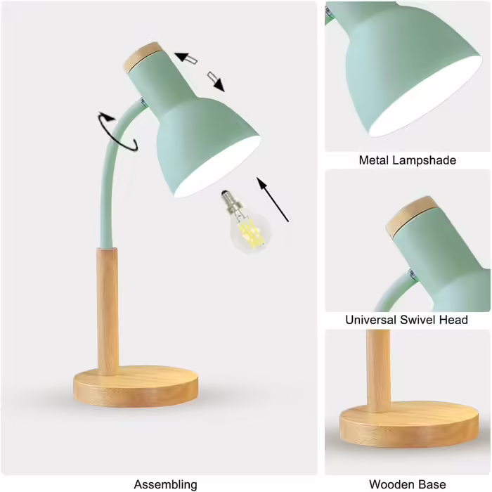 Desk Lamp, LED Reading Lamp with Classic Wood Design, E27 Socket, Adjustable Arm, Kids Table Lamp for Bedroom, Living Room (green)